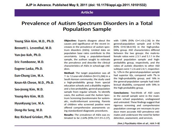 New study finds autism rates in South Korea now at 1 in 38 children -- Prevalenza 1/38 dei casi di autismo nella Corea del Sud