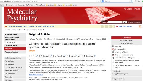 Cerebral folate receptor autoantibodies in autism spectrum disorder